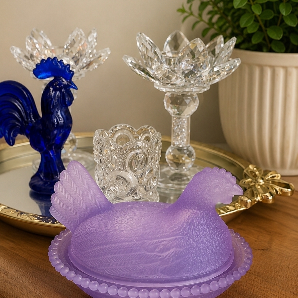 Purple Glass Hen on Nest Dish-Roses Closet- 4 Inches-Perfect Condition